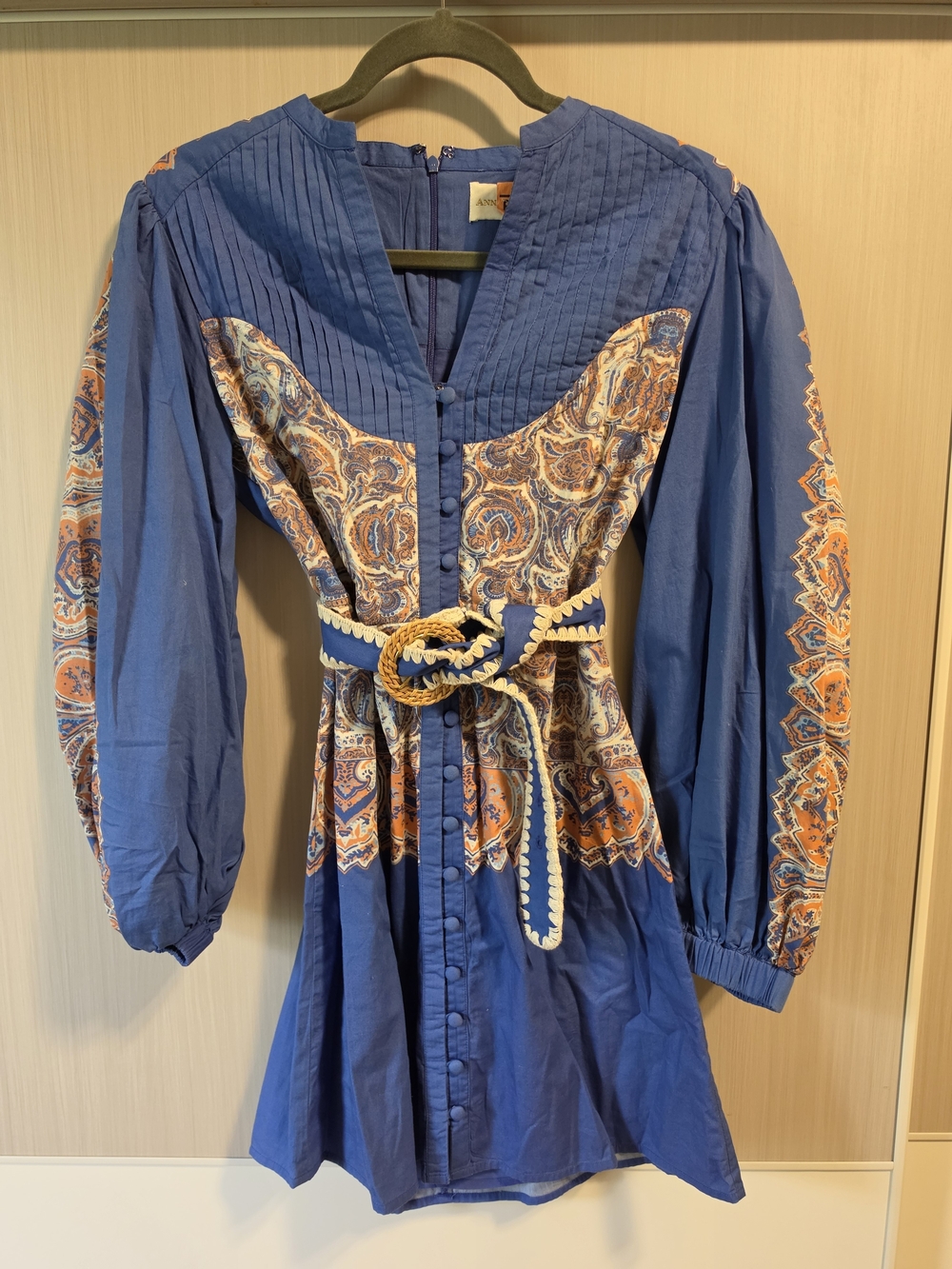 Blue Paisley-Panel Mini Dress with Braided Belt